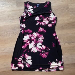 Short sleeveless black dress with purple flowers